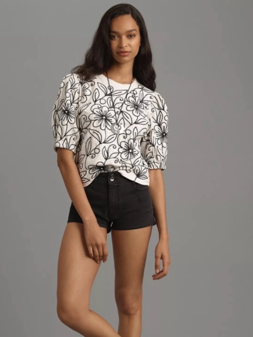Maeve White Floral Outline Puff-Sleeve Sweater